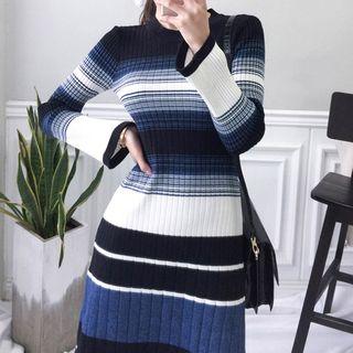 Striped Long-sleeve Knit A-line Dress As Shown In Figure - One Size
