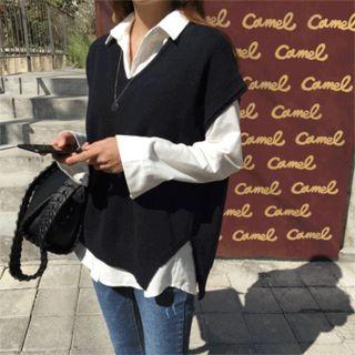 Slit-side Wool Blend Knit Vest