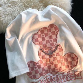 Short-sleeve Bear Embroidered Chained T-shirt