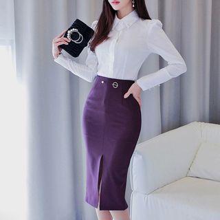 Set: Long-sleeve Shirt + Slit-front Skirt