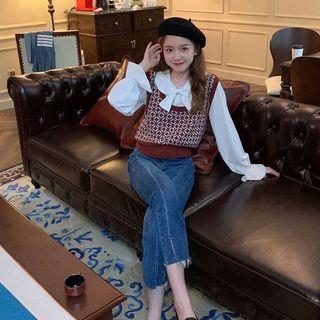Plain Blouse / Patterned Knit Vest