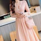 Long-sleeve V-neck Midi A-line Smock Dress