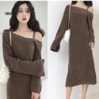 Long-sleeve Off Shoulder Knitted Midi Dress