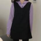 Sailor Collar Plain Blouse / V-neck Mini A-line Overall Dress