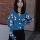 Flower Print Cropped Cardigan Blue - One Size
