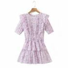 Elbow-sleeve Ruffled Floral Print Mini A-line Dress