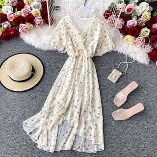 Drawstring V-neck Floral Print Chiffon Dress