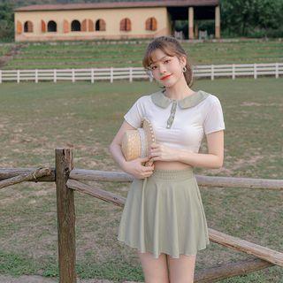 Set: Short-sleeve Polo-neck Swim Top + Swim Skirt + Bottom