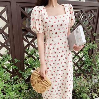Short-sleeve Cherry Patterned Midi Dress