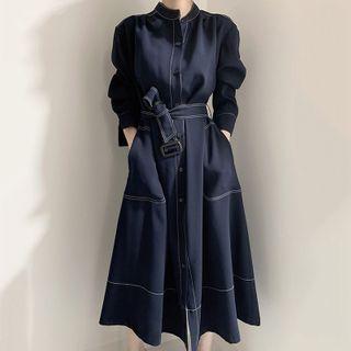 Long-sleeve Sashed Buttoned A-line Midi Dress