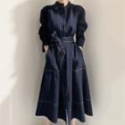 Long-sleeve Sashed Buttoned A-line Midi Dress