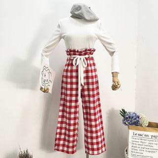 Set: Crew-neck Long-sleeve T-shirt + Plaid Wide-leg Pants