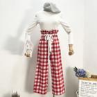 Set: Crew-neck Long-sleeve T-shirt + Plaid Wide-leg Pants