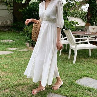 V-neck 3/4-sleeve Dress With Slipdress White - One Size