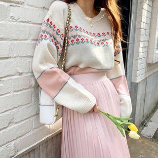 Color-block Flower-patterned Knit Top