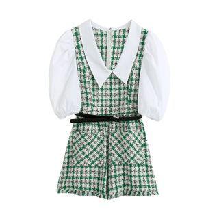 Puff-sleeve Tweed Panel Romper