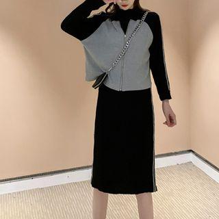Set: Color Block Hooded Zip Jacket + Straight-fit Skirt