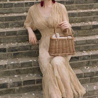 Puff-sleeve Lace Midi Dress