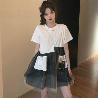 Mesh Panel Mini A-line T-shirt Dress
