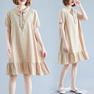 Short-sleeve Tie-neck Midi A-line Dress