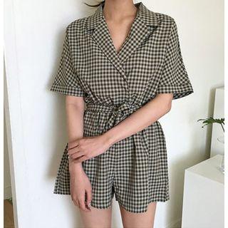 Checked V-neck Playsuit