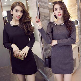 Embellished Long-sleeve Shift Dress