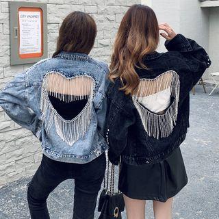Heart Cutout Fringed Denim Jacket