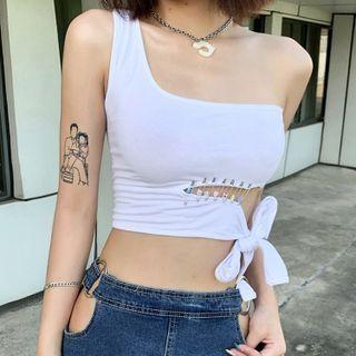 Sleeveless One-shoulder Pin Accent Cropped Top