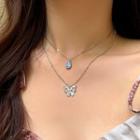 Butterfly Layered Necklace 1 Set - Silver & Blue - One Size