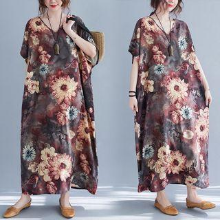 Short-sleeve Floral Print Midi A-line Dress Dark Coffee - One Size