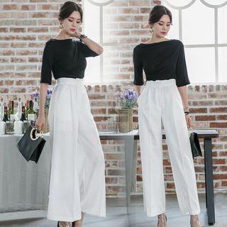 Elbow-sleeve T-shirt / High-waist Wide-leg Pants
