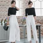 Elbow-sleeve T-shirt / High-waist Wide-leg Pants