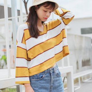 Striped V-neck Cropped Knit Top Stripes - Yellow - One Size