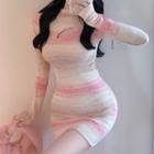 Long-sleeve Cutout Gradient Knit Mini Bodycon Dress
