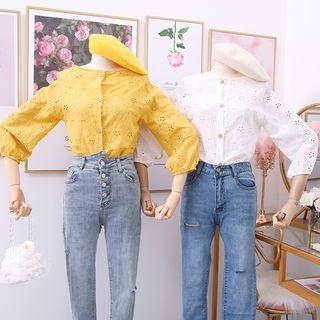 3/4-sleeved Eyelet Crop Shirt
