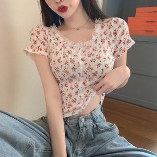 Lace Trim Floral Print Short-sleeve Cardigan Pink Flowers - White - One Size
