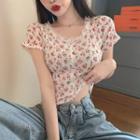 Lace Trim Floral Print Short-sleeve Cardigan Pink Flowers - White - One Size