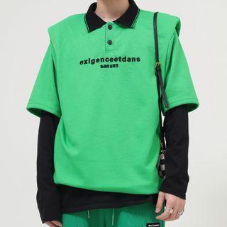 Short-sleeve Lettering Padded-shoulder Polo Shirt
