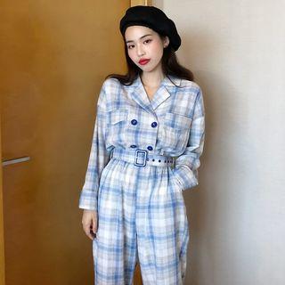 Plaid Long-sleeve Jumpsuit Grayish Blue - One Size