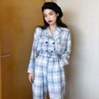 Plaid Long-sleeve Jumpsuit Grayish Blue - One Size