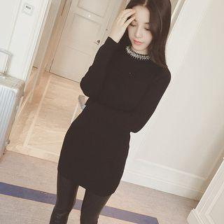 Long-sleeve Embellished Mini Sheath Knit Dress
