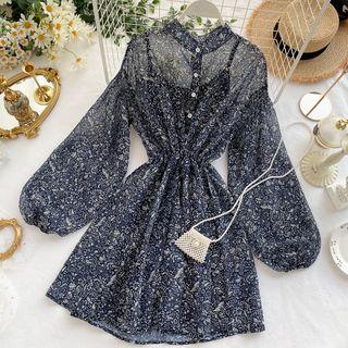Long-sleeve Floral-pattern Mini A-line Dress