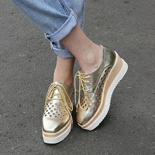 Perforated Lace-up Platform Wedge Shoes