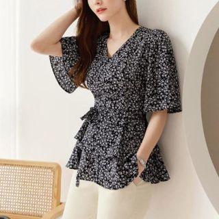 Floral Print Ruffle-hem Wrap-front Blouse