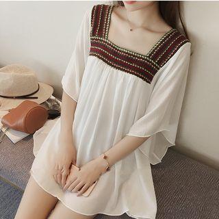 Elbow-sleeve Embroidered Paneled Chiffon Tunic