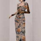 Long-sleeve Square-neck Floral Printed Maxi Dress