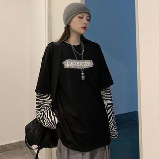 Long-sleeve Mock Two-piece Zebra Print T-shirt
