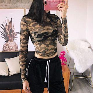 Long Sleeve See-through Camouflage Cropped Top