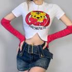 Set: Short-sleeve Cartoon Print Cropped T-shirt + Arm Sleeves