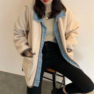 Denim Panel Fleece Button Jacket Beige - One Size